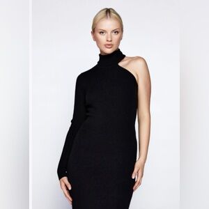 BARDOT Black knit turtleneck one‎ shoulder midi dress size